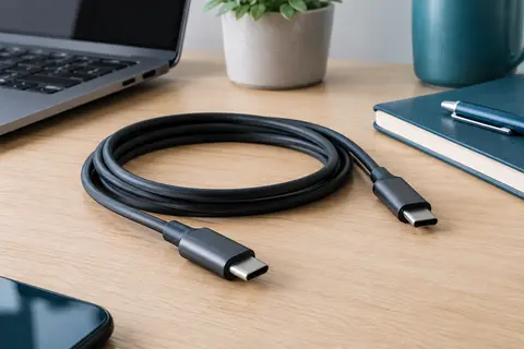Câble USB-C noir Ugreen posé en boucles sur un bureau sobre, avec ses deux connecteurs métalliques visibles.