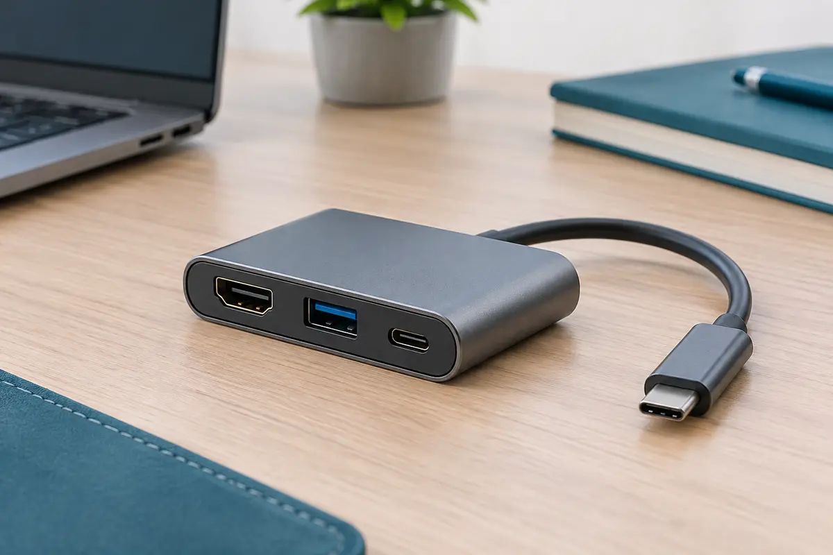 Carte d’acquisition vidéo HDMI avec interfaces USB-A et USB-C sur un bureau sobre