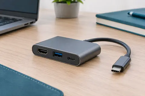 Carte d’acquisition vidéo HDMI avec interfaces USB-A et USB-C sur un bureau sobre