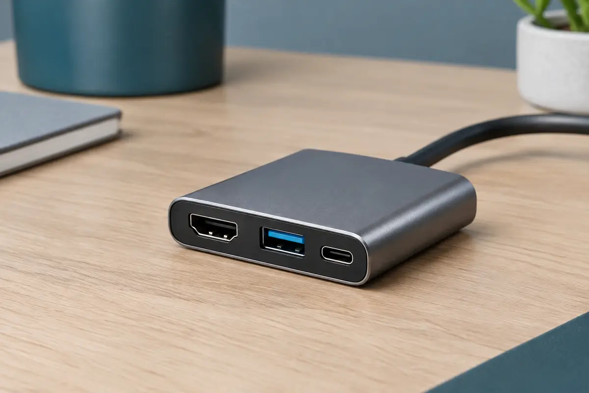 Carte d’acquisition vidéo HDMI en aluminium posée sur un bureau, connectiques visibles en gros plan.