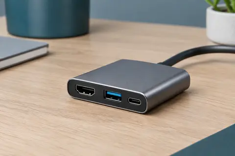Carte d’acquisition vidéo HDMI en aluminium posée sur un bureau, connectiques visibles en gros plan.
