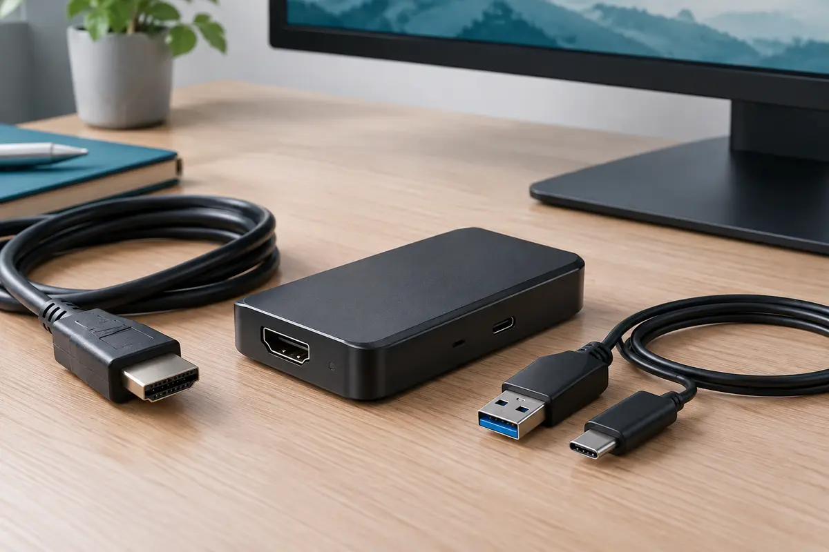 Carte de capture vidéo noire avec câbles HDMI et USB-C/A, posée sur un bureau clair près d’un écran.