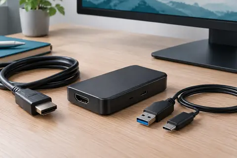 Carte de capture vidéo noire avec câbles HDMI et USB-C/A, posée sur un bureau clair près d’un écran.