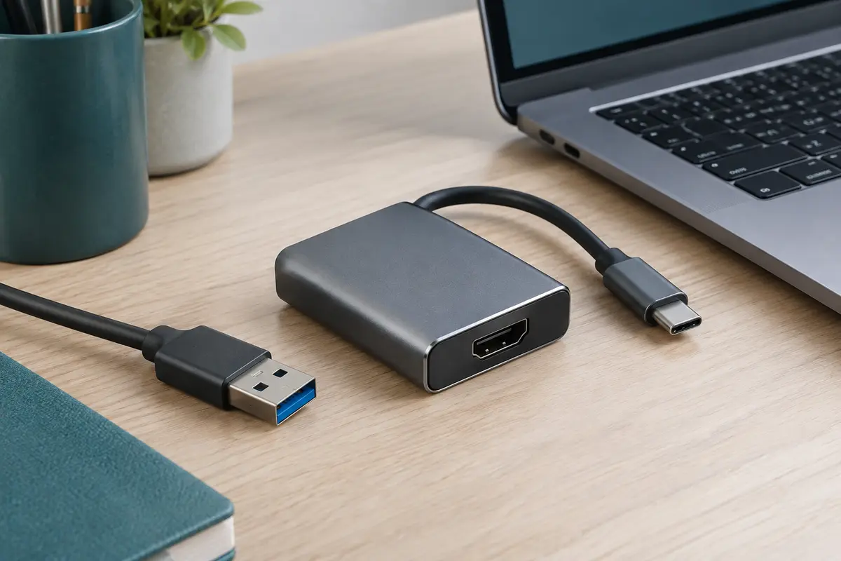Carte de capture vidéo HDMI compacte avec connectique USB-C et USB-A posée sur un bureau clair.