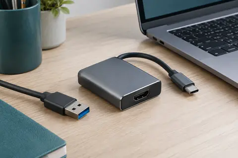 Carte de capture vidéo HDMI compacte avec connectique USB-C et USB-A posée sur un bureau clair.