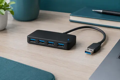 Hub USB noir à quatre ports USB-A posé sur un bureau clair, avec son câble et son voyant visibles