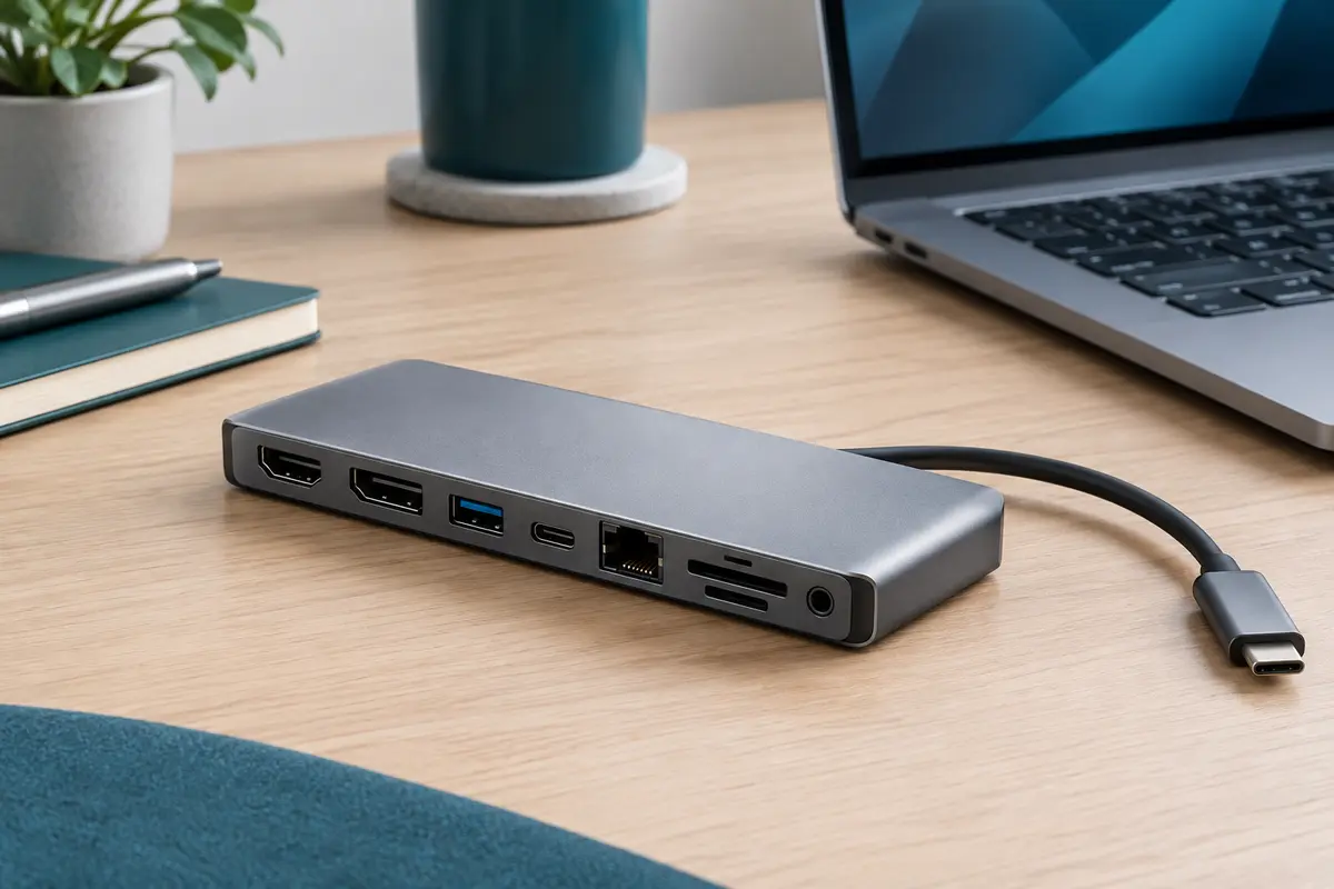 Hub USB-C gris en aluminium avec ports vidéo, USB, réseau, lecteurs de cartes et prise audio