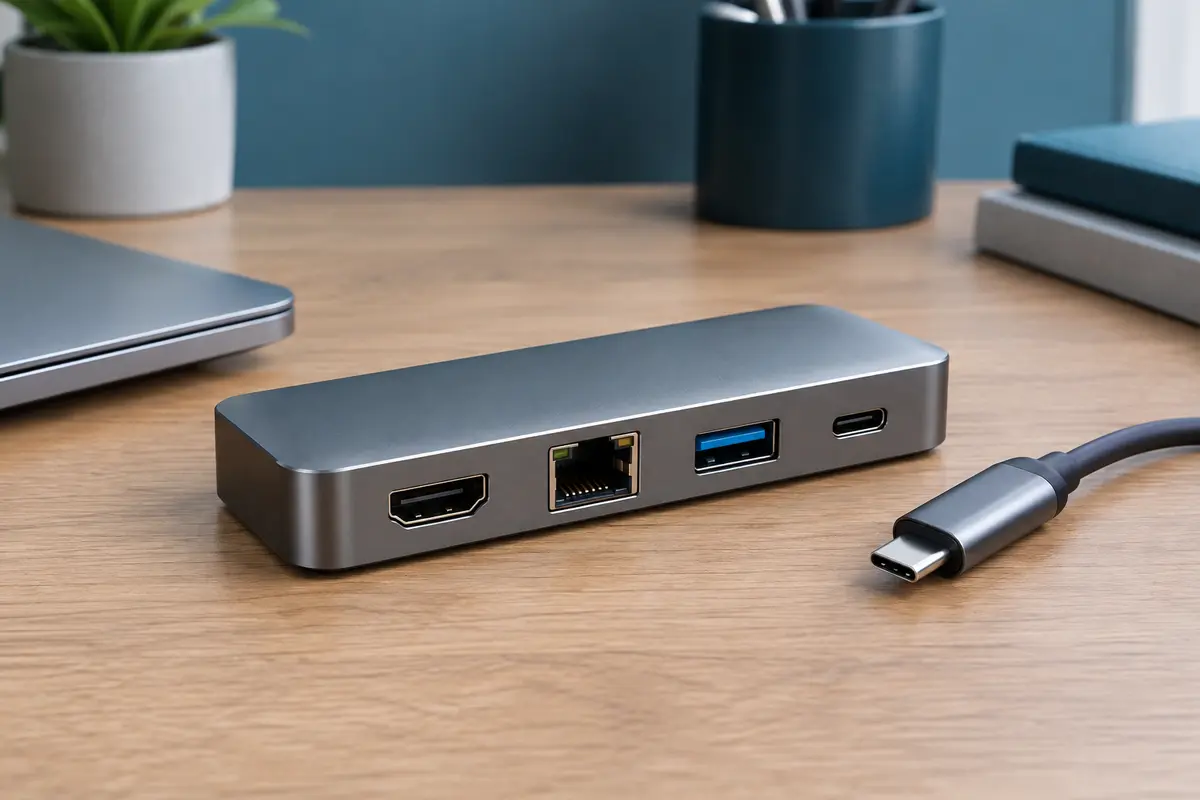 Hub USB-C Ugreen en aluminium gris avec ports HDMI, Ethernet, USB-A et USB-C sur un bureau en bois