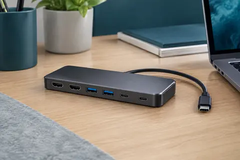 Hub USB-C compact en aluminium avec deux ports HDMI et plusieurs ports USB sur un bureau en bois.