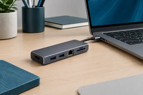 Station d’accueil USB-C en aluminium gris foncé, avec sorties HDMI, ports USB et lecteurs de cartes visibles.