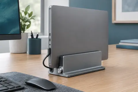 Support vertical gris à rainure réglable maintenant un ordinateur portable sur un bureau en bois