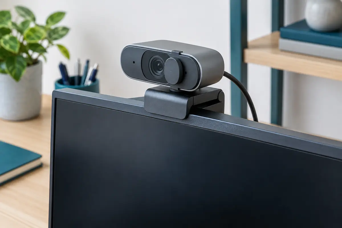Webcam Ugreen grise compacte fixée sur un écran, avec objectif frontal et volet de confidentialité