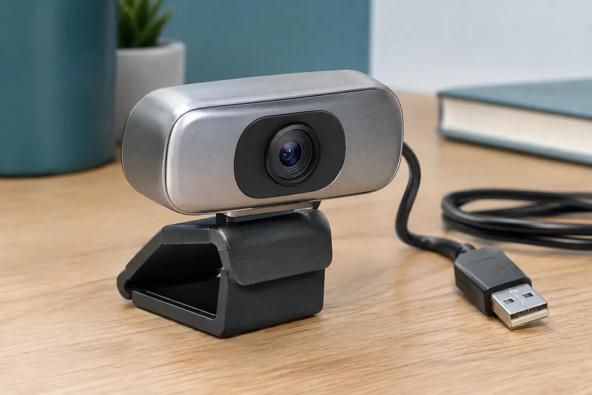 Webcam compacte gris argenté avec clip de fixation et câble USB, posée sur un bureau en bois.