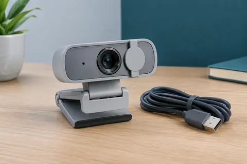 Webcam USB gris clair avec objectif, clip orientable et cache de confidentialité sur un bureau en bois.