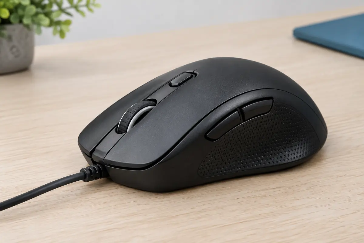 Souris filaire noire Uineer avec boutons latéraux, molette et câble USB sur un bureau sobre