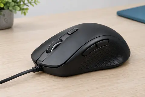 Souris filaire noire Uineer avec boutons latéraux, molette et câble USB sur un bureau sobre