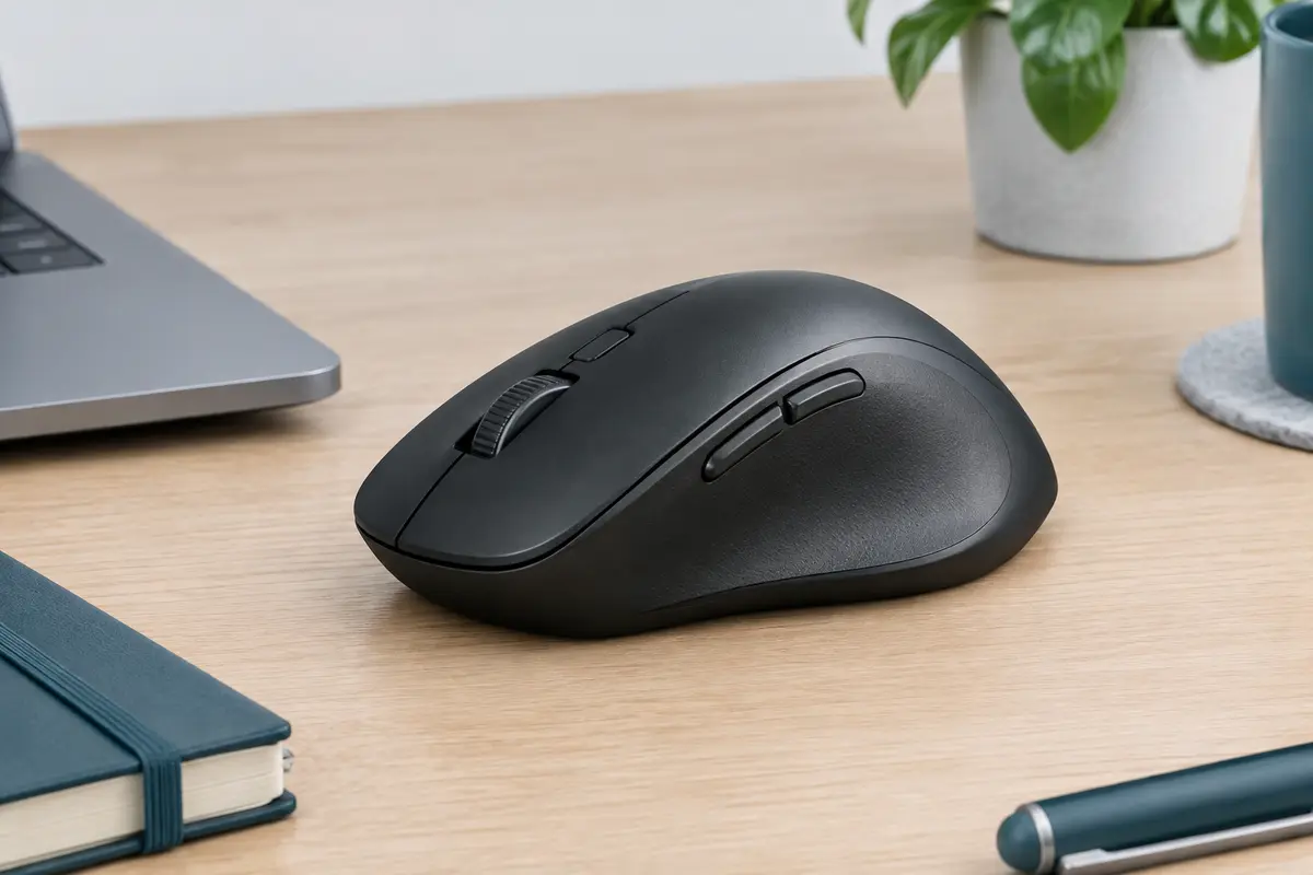 Souris Uineer U6 noire mate avec molette et boutons latéraux posée sur un bureau en bois.