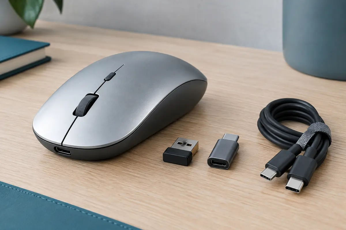 Souris sans fil argentée avec récepteur Nano USB, adaptateur USB-C et câble de charge sur un bureau en bois