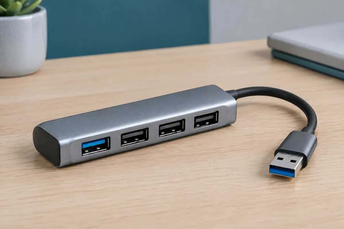 Hub USB compact en aluminium avec un port USB 3.0, trois ports USB 2.0 et un câble court