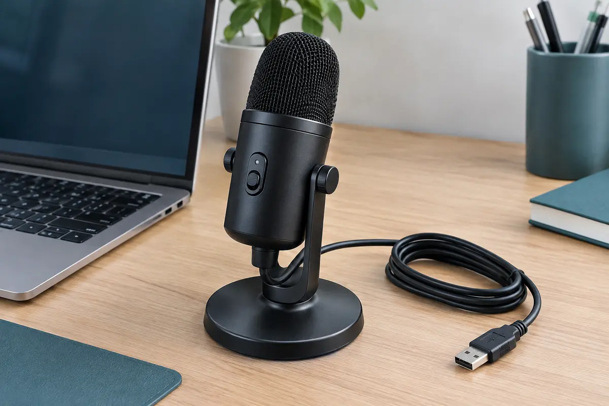 Microphone USB noir avec base et câble, posé sur un bureau clair près d’un ordinateur