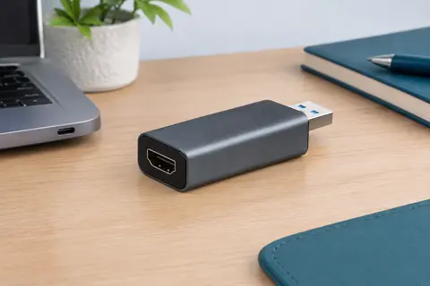 Carte de capture vidéo HDMI vers USB compacte, posée sur un bureau avec ses connecteurs visibles