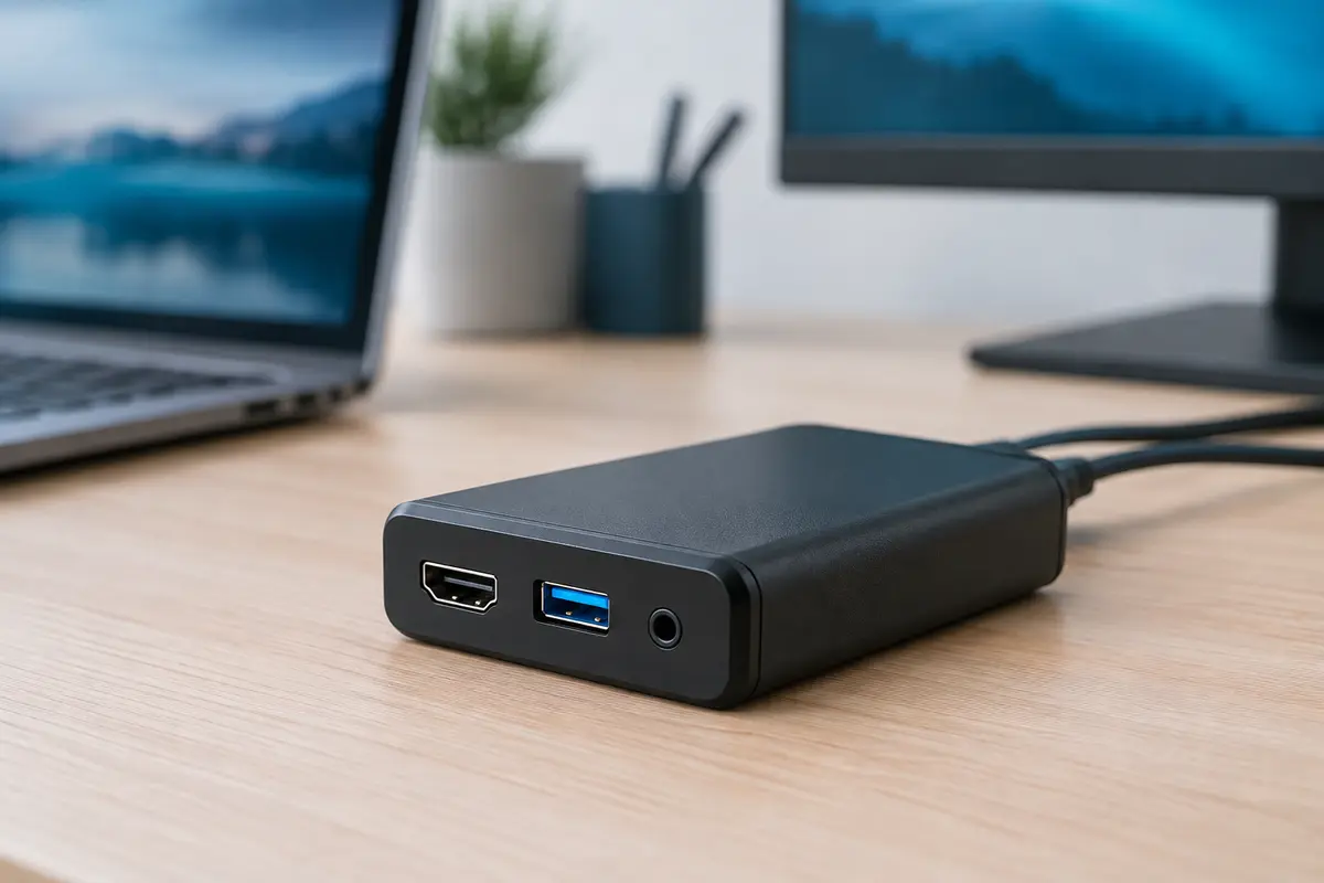 Carte d’acquisition vidéo noire avec connexions HDMI, USB 3.0 et entrée audio sur un bureau.