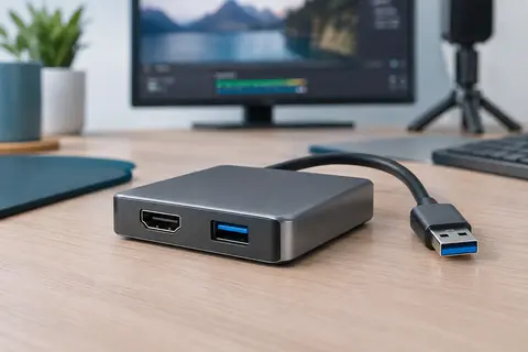 Carte d’acquisition vidéo grise avec ports HDMI et connexion USB 3.0 sur un bureau