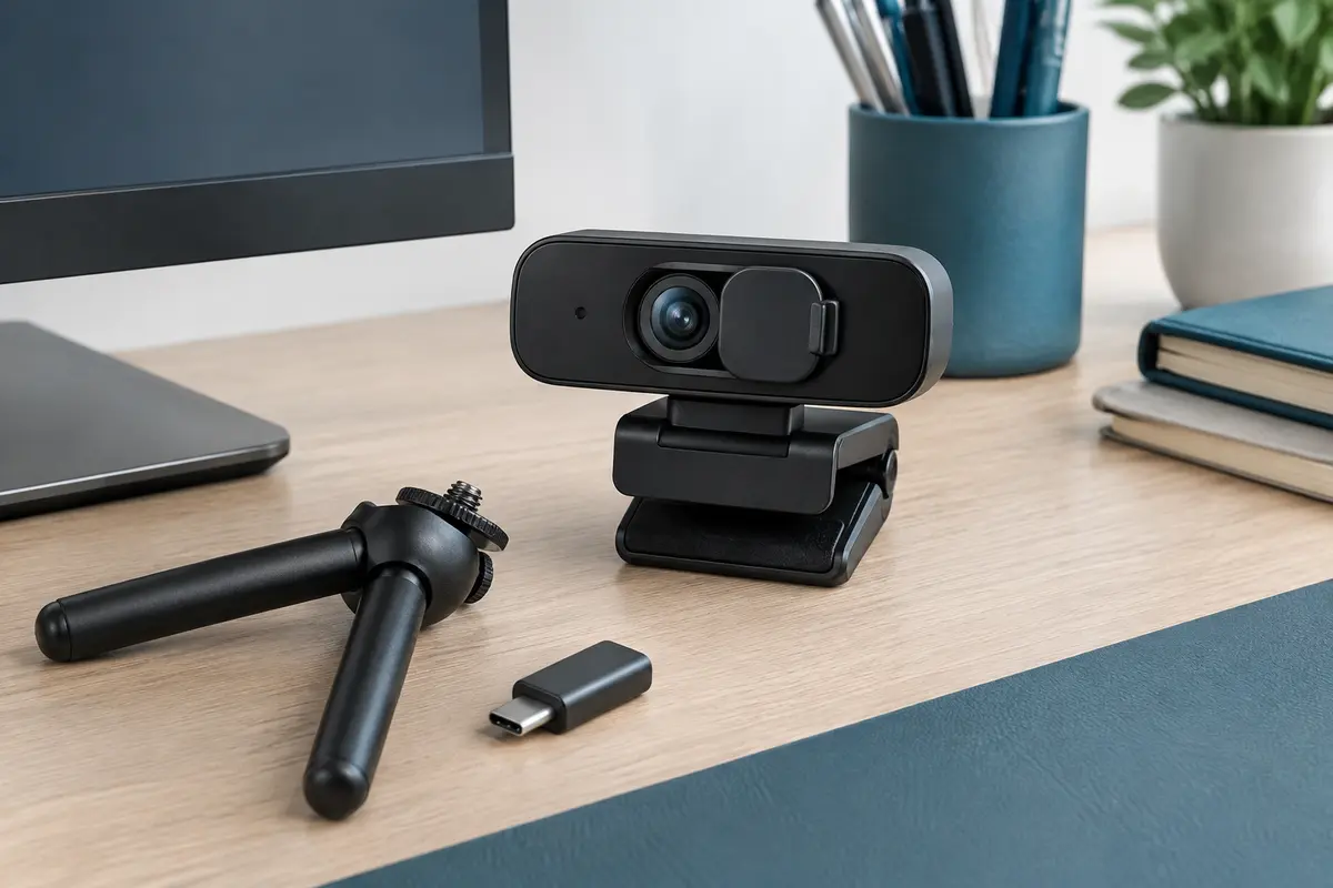 Webcam noire Vizolink W8GS avec objectif, cache de confidentialité, clip et trépied sur un bureau.