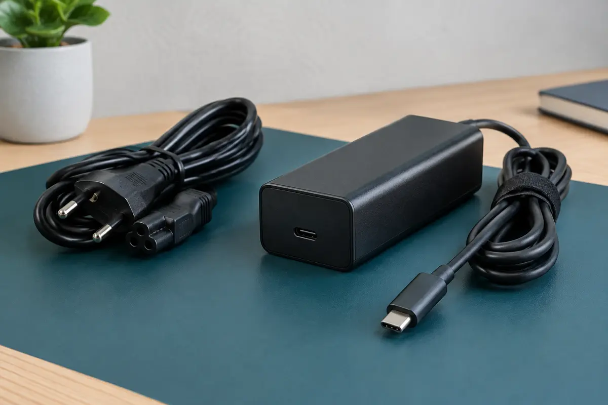 Adaptateur secteur noir USB-C de 100 W avec son cordon posé sur un bureau clair.