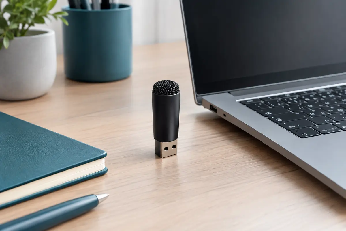 Mini microphone USB noir compact posé sur un bureau clair près d’un ordinateur