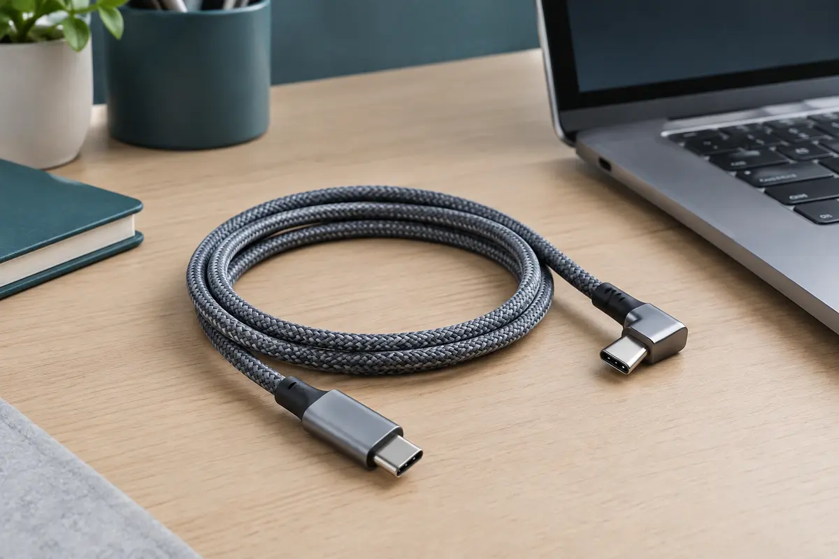 Câble USB-C gris tressé avec connecteur coudé, posé sur un bureau en bois près d’un ordinateur