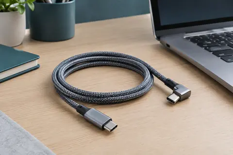 Câble USB-C gris tressé avec connecteur coudé, posé sur un bureau en bois près d’un ordinateur