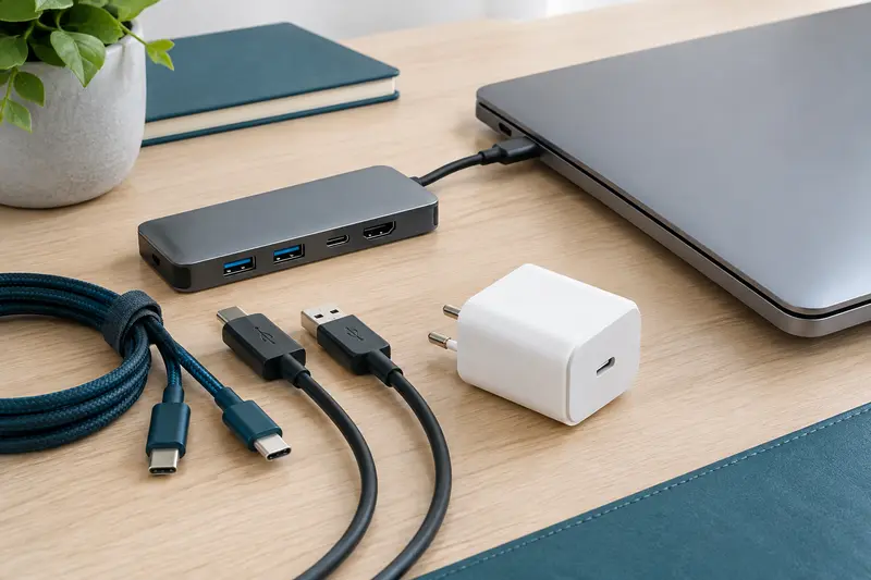 Détail d’un hub USB, de câbles et d’un support pour ordinateur sur un bureau rangé.