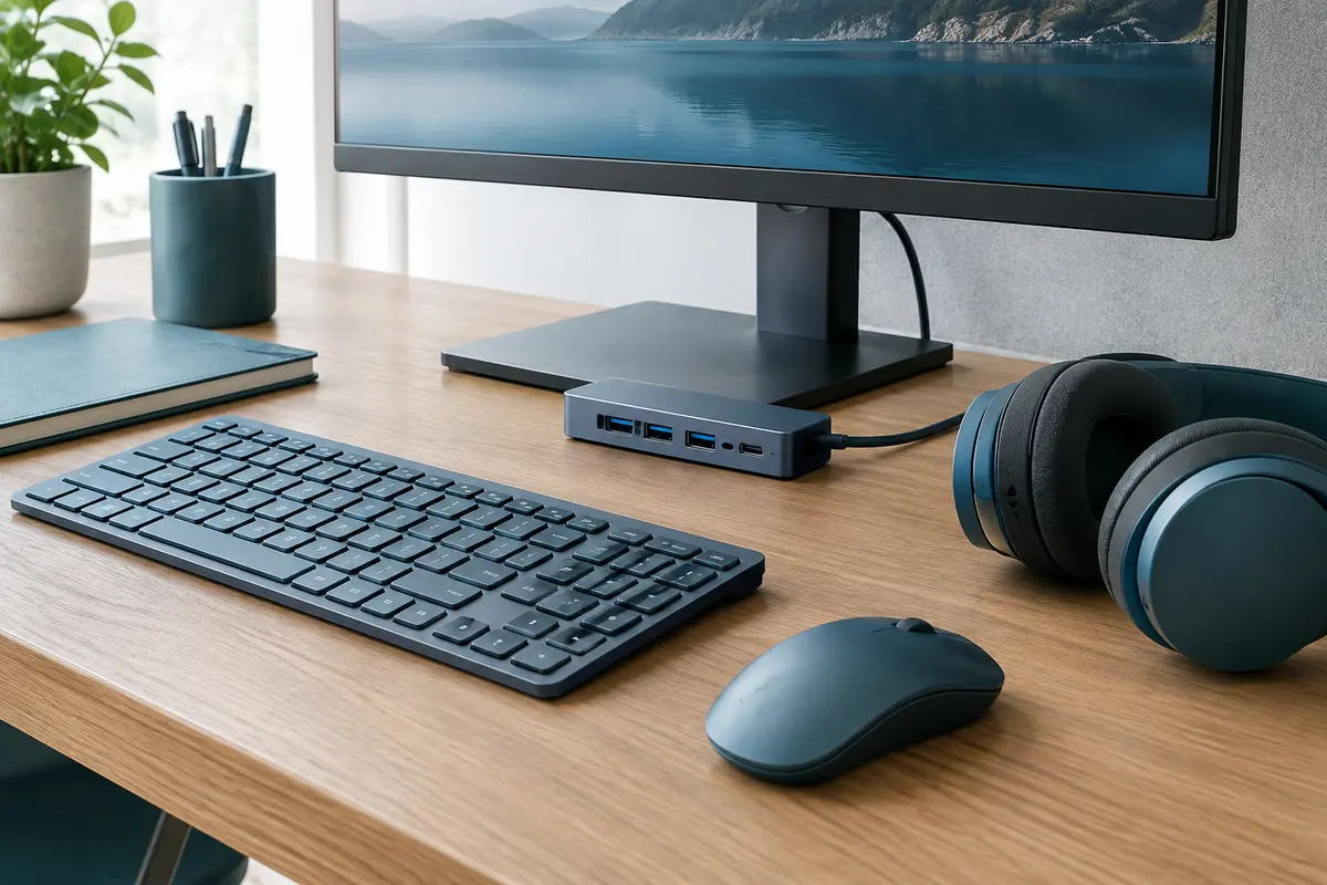 Vue d’un poste informatique organisé avec clavier, souris, casque et hub USB sur un bureau clair.